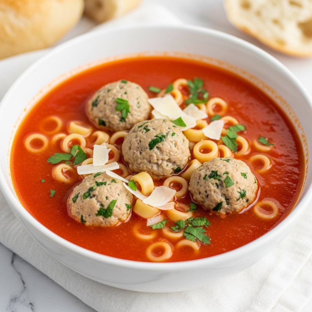 A white bowl filled with bright red tomato soup, with small round pasta and three light brown meatballs scattered on top. The soup has bits of diced vegetables visible beneath the surface, with some shredded white cheese and small green herb pieces sprinkled over everything. The bowl is placed on a white cloth on a white marbled surface, with a blurred piece of bread in the background. photo taken with an iphone --ar 4:5 --v 7
