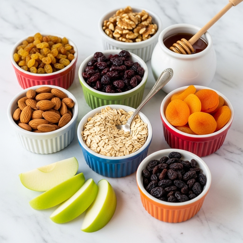 The image shows seven bowls arranged on a white marbled surface, each filled with different dried fruits and nuts. From left to right, there's a white bowl with honey and a wooden dipper, a small white bowl with thin sliced almonds, a red bowl filled with golden raisins, a green bowl with dark red dried berries, a brown bowl with bright orange dried apricots, a small white bowl holding walnut halves, and an orange bowl with dark brown raisins. In front of the bowls are two slices of green apple showing their white, smooth inner flesh and seeds. Photo taken with an iphone --ar 4:5 --v 7