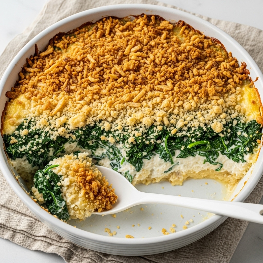 A white round baking dish holds a creamy spinach casserole topped with a thick, uneven layer of golden brown, crispy fried onions. The casserole itself shows a mix of dark green cooked spinach and white creamy sauce, visible near the missing scoop on one side. A white spoon rests inside the dish, partly covered with the casserole. The dish sits on a soft beige cloth, all laid on a white marbled surface. photo taken with an iphone --ar 4:5 --v 7