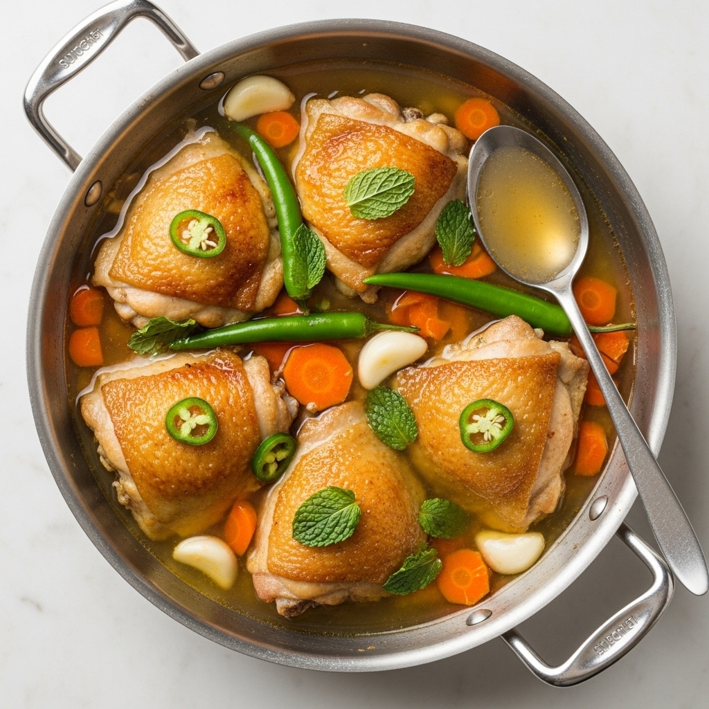 A round metal pan holds five golden brown chicken thighs with crisp skin arranged in a circle. Scattered on top and around the chicken are slices of green jalapeño peppers, small chunks of orange carrot, whole peeled garlic cloves, and fresh green mint leaves. A clear yellow sauce with herbs and oil surrounds the chicken, pooling at the bottom of the pan. A shiny metal spoon with yellow sauce rests on the right edge inside the pan. The pan sits on a white marbled surface. photo taken with an iphone --ar 4:5 --v 7