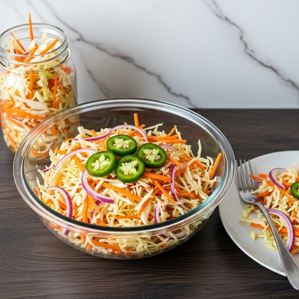 A clear round dish filled with a colorful salad made of thin white cabbage strips, orange carrot shreds, and pale purple onion slices, topped with bright green round jalapeño slices, all mixed together showing a fresh and crunchy texture. To the left, there is a clear jar with a metal clasp, filled with the same salad ingredients, and on the right, a white round plate holds a smaller portion of the salad with a silver fork resting on it. The whole setting is placed on a dark wooden surface with a rustic look. photo taken with an iphone --ar 4:5 --v 7