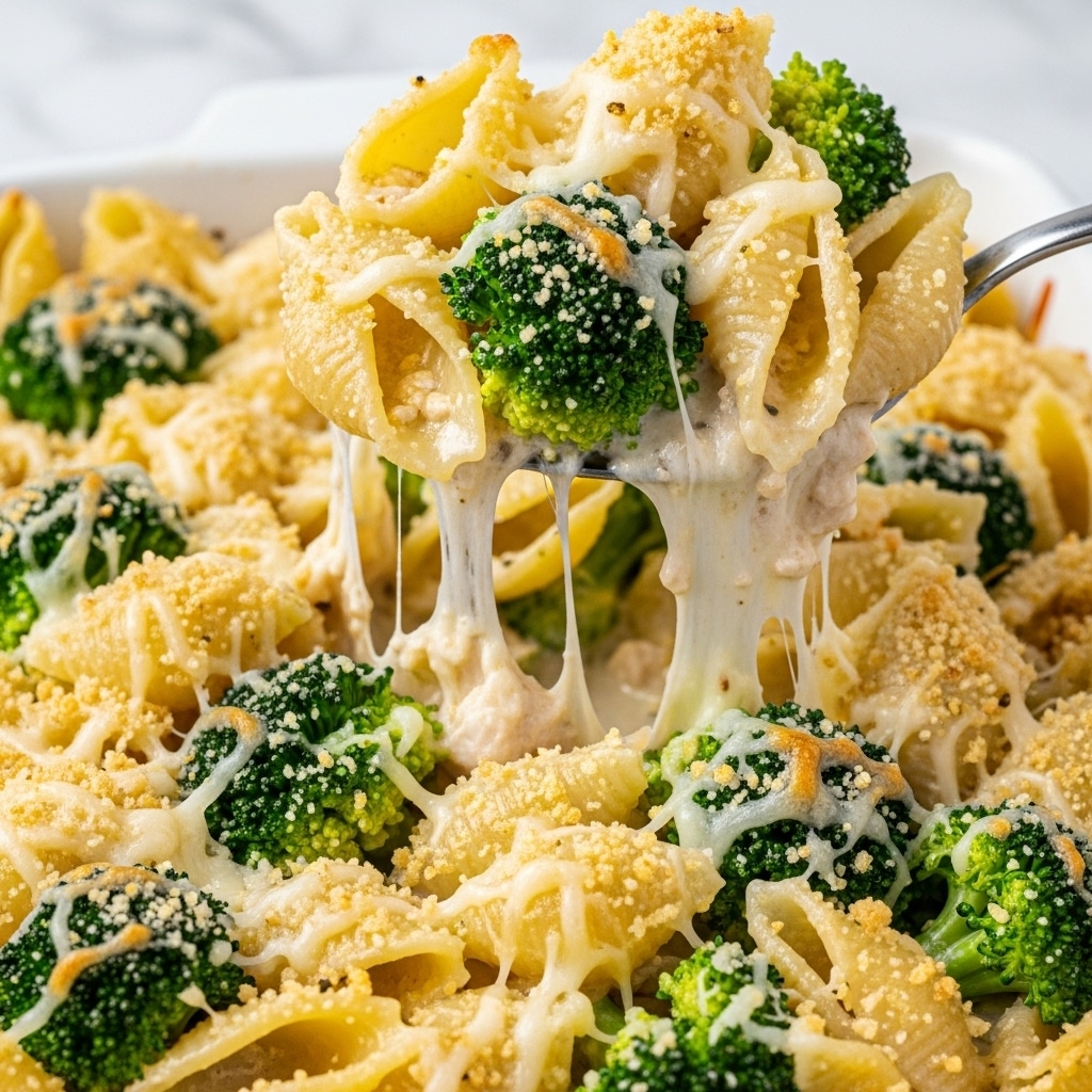 The dish shows a close-up of a white ceramic baking dish filled with creamy pasta shells layered with white cheese sauce and small bright green broccoli pieces. The top layer is covered with melted, golden-browned cheese that looks soft and stretchy, with some crispy browned crumbs sprinkled lightly over it. The pasta shells are plump and coated with the cheese sauce, and there are strings of melted cheese stretching between the layers. A silver serving spoon is pulling up a scoop from the dish, revealing the layers of white sauce, green broccoli, and cheesy pasta below. The background is a white marbled surface with hints of a blue cloth. Photo taken with an iphone --ar 4:5 --v 7