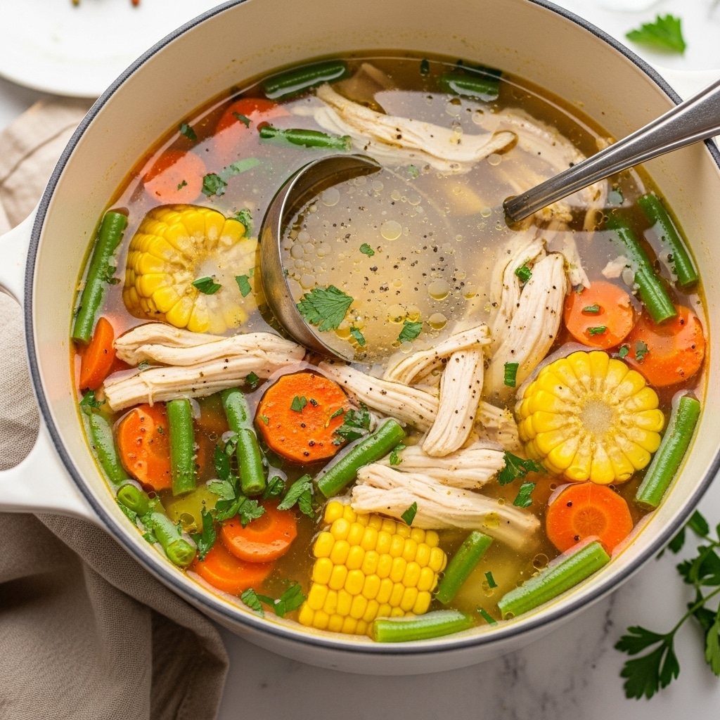 A large white pot filled with clear broth chicken soup with shredded chicken pieces, green beans cut into small sections, bright yellow corn kernels, and round carrot slices, all mixed and floating evenly throughout the soup, garnished with small green herb bits. A silver soup ladle and spoon rest inside the pot partially submerged, and a beige cloth napkin is placed beside the pot on a white marbled surface. photo taken with an iphone --ar 4:5 --v 7