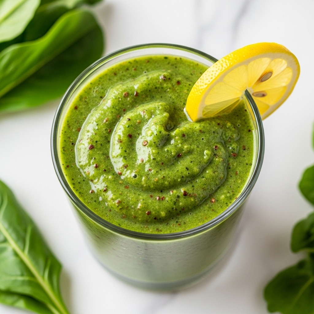 A clear glass filled with a thick green smoothie showing small dark specks inside, the surface of the smoothie is slightly uneven and textured. A slice of lemon with yellow rind and white inner flesh rests on the rim of the glass on the right side. The glass is surrounded by fresh, bright green leafy vegetables, all placed on a white marbled texture. photo taken with an iphone --ar 4:5 --v 7