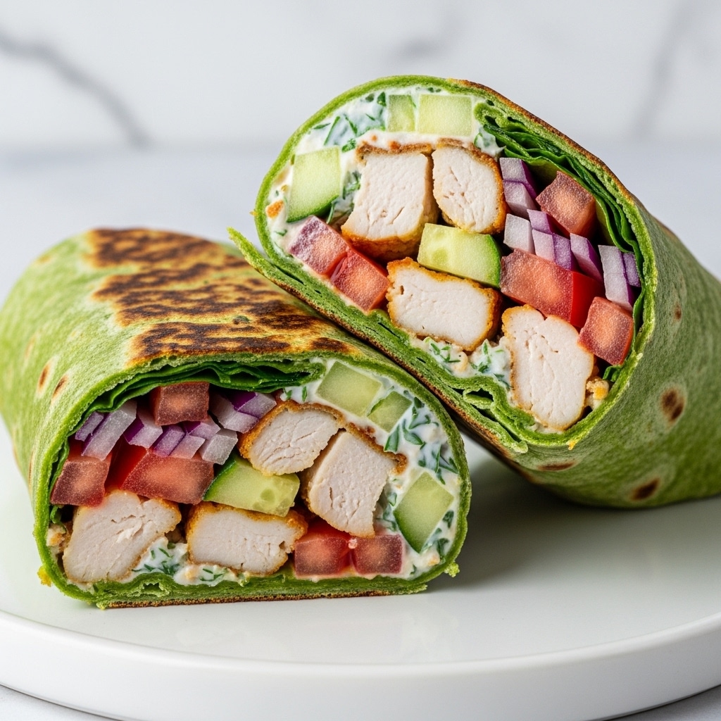 The image shows two halves of a wrap placed side by side on a white plate with a white marbled background. The wrap is made with a green spinach tortilla. Inside, the first layer features chunks of grilled chicken that are white with some browned edges. Below the chicken, there are diced tomatoes with a bright red color, and next to them, pieces of purple onions and small green cucumber chunks. The inside also shows some light-colored grains or seeds scattered throughout. The wrap is slightly toasted on the outside, showing faint brown spots. photo taken with an iphone --ar 4:5 --v 7