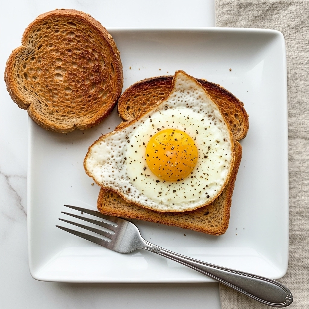 The image shows a white square plate placed on a white marbled surface with a beige cloth and woven mat nearby. On the plate, there is one slice of toasted brown bread with a fried egg perfectly cooked inside the bread’s center, where the egg white is set and the yolk is slightly runny with golden brown edges. Next to the bread is a small round toasted bread piece. A silver fork is placed horizontally at the bottom of the plate, resting near the bread with the egg. Photo taken with an iphone --ar 4:5 --v 7