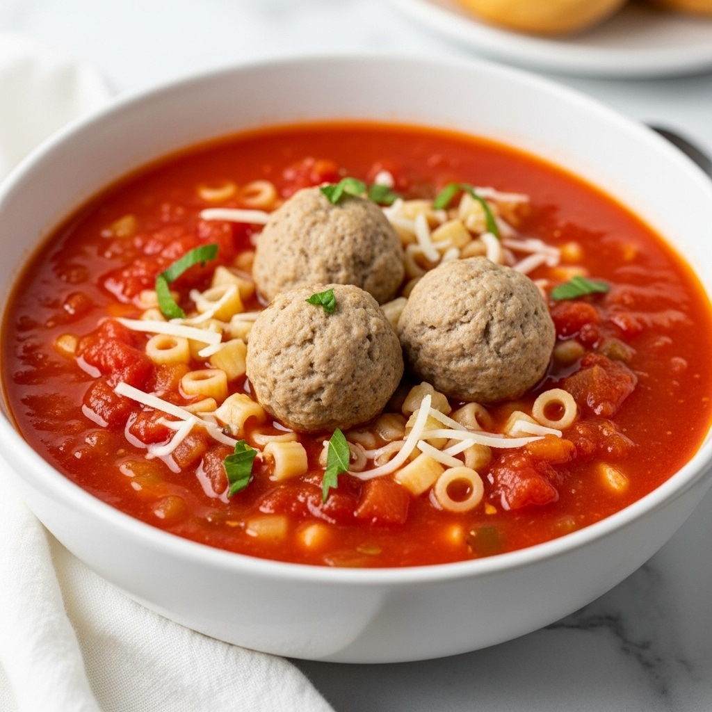 A white bowl filled with bright red tomato soup, containing small round pasta rings and three light brown meatballs dotted with green herbs, all floating in the soup. On top, there are thin shreds of white cheese and small chopped green herbs scattered across the surface. The bowl sits on a white cloth with a white marbled background, and in the background, parts of a bread loaf are visible but out of focus. photo taken with an iphone --ar 4:5 --v 7
