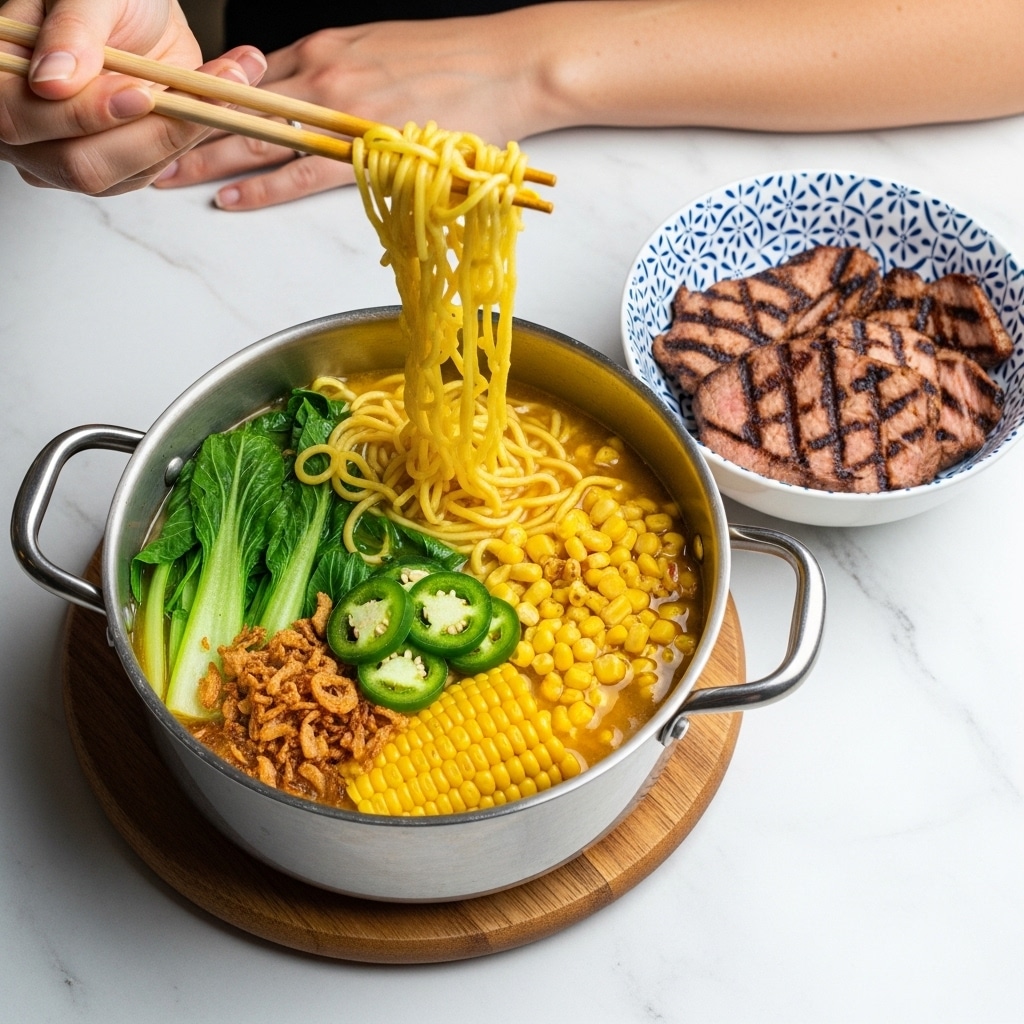 A metal pot contains a yellow broth with three main visible layers: cooked curly noodles lifted by chopsticks above the pot, bright green leafy vegetables placed on the left, and a mix of corn kernels, jalapeno slices, and fried onion bits scattered on the right side; next to the pot is a white bowl with a blue checkered pattern holding three slices of grilled meat with dark char lines; everything sits on a wooden board over a white marbled surface photo taken with an iphone --ar 4:5 --v 7