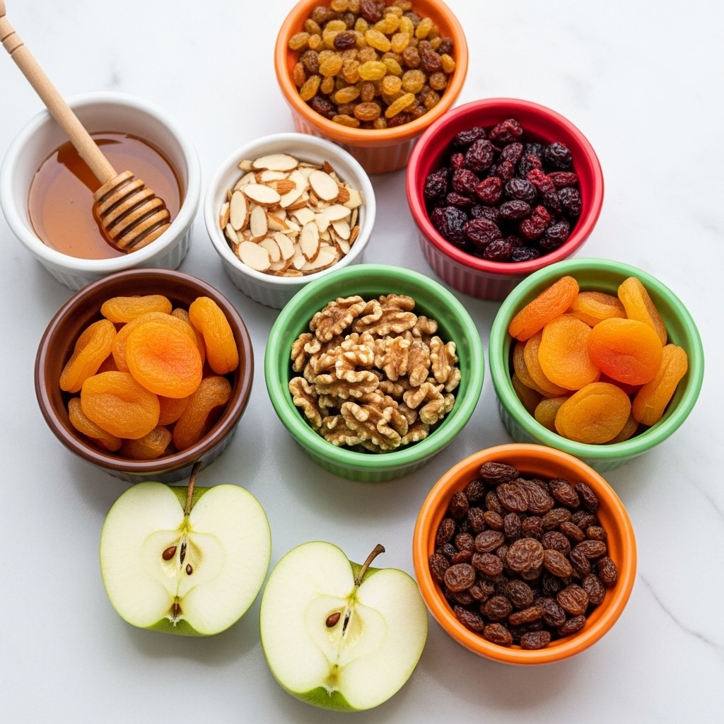 Several small white bowls filled with different ingredients are arranged on a white marbled surface. There are golden raisins in a white bowl with a red outside, dark dried cranberries in a white bowl with a green outside, rolled oats in a white bowl with a blue outside with a spoon inside, dried apricots in a white bowl with a dark red outside, and dark raisins in a white bowl with an orange outside. There are also sliced almonds and walnut halves in two small white bowls. A small white honey pot with a honey dipper rests nearby, with three slices of green apple placed in front of the bowls. The colors contrast nicely with the white marbled texture. photo taken with an iphone --ar 4:5 --v 7