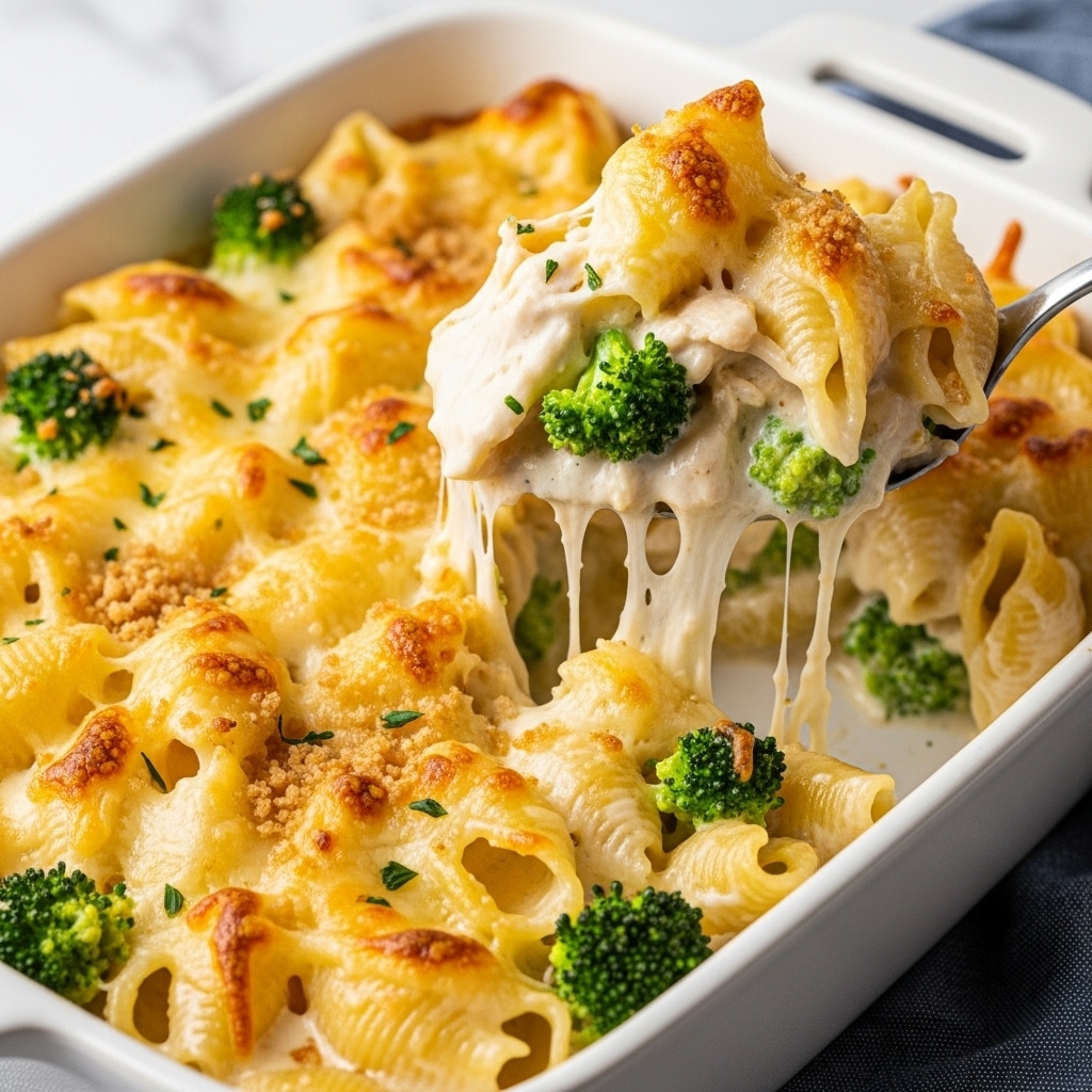 The image shows a close-up of a creamy pasta bake made with large white shell pasta mixed with bright green broccoli pieces, all covered in melted white cheese that is slightly golden and bubbly on top. The top layer is sprinkled with crunchy light golden crumbs that add texture. The pasta and broccoli are nestled tightly together in a baking dish, and a spoon is lifting a portion, showing the stretchy cheese strands between the pasta shells. The background is a white marbled texture. photo taken with an iphone --ar 4:5 --v 7