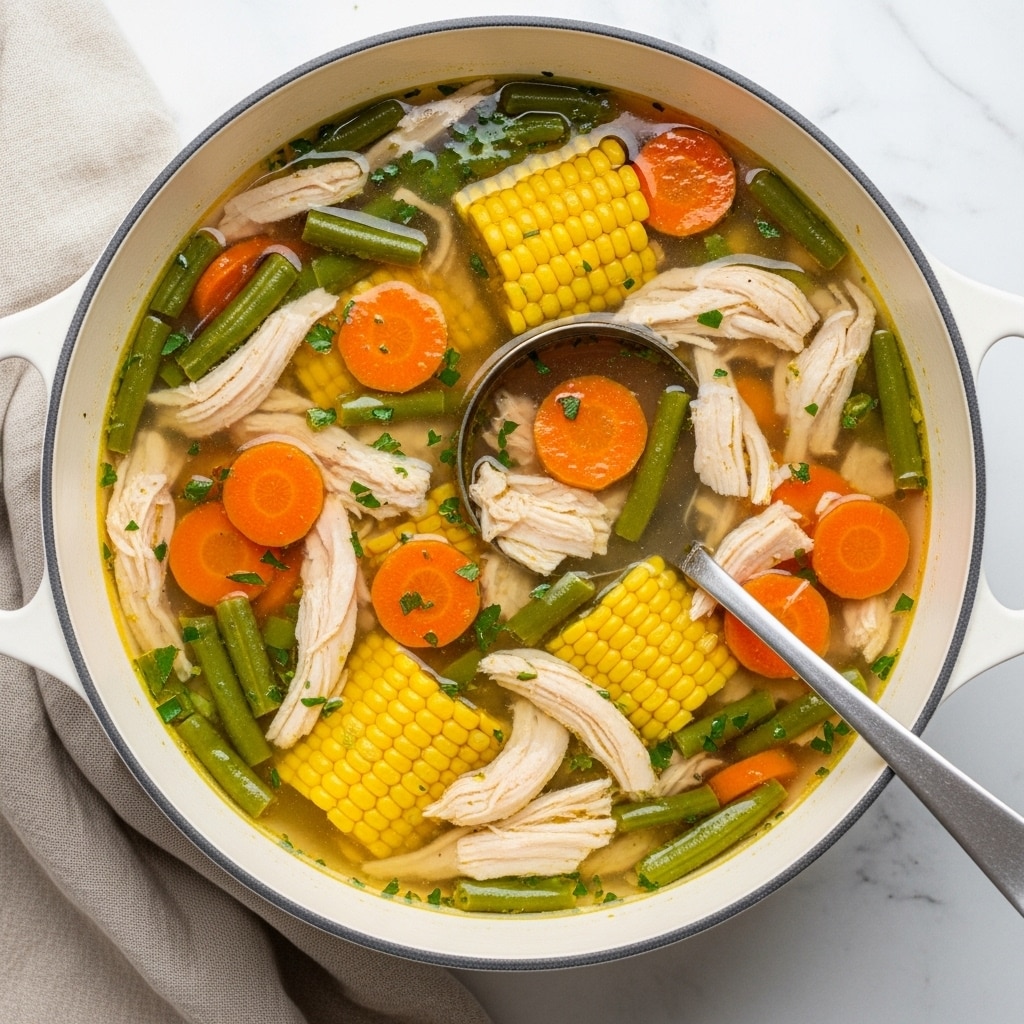 A close-up view of a large white pot filled with clear chicken soup, showing shredded pieces of cooked chicken, green beans, sliced orange carrots, bright yellow corn kernels, and small bits of herbs floating throughout. The broth is light and slightly oily, with visible black pepper and green parsley flakes scattered on top. A silver ladle and spoon rest inside the pot, partially submerged in the soup. The pot is placed on a white marbled table with a beige cloth partially visible on the side and a sprig of green herbs nearby. photo taken with an iphone --ar 4:5 --v 7