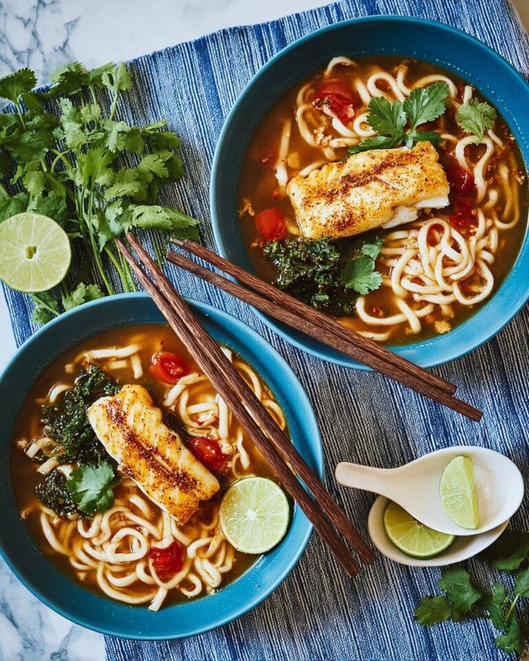 Poached Hake in Spicy Tomato, Chilli & Ginger Broth with Udon Noodles Recipe