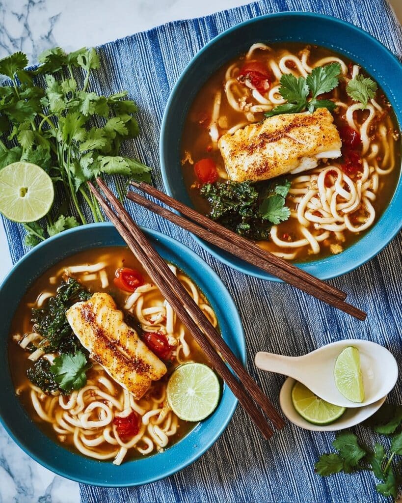 Poached Hake in Spicy Tomato, Chilli & Ginger Broth with Udon Noodles Recipe
