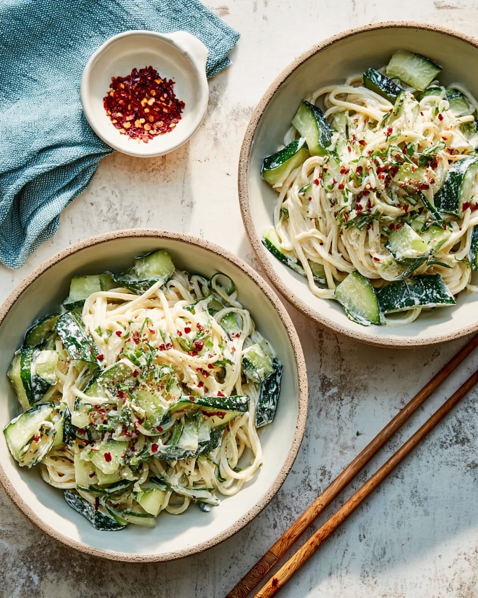 Two bowls of a creamy cucumber noodle salad sit on a white marbled surface. Each bowl is white and holds several layers: the bottom layers have thick slices of dark green cucumber mixed with long, pale noodles coated in a light creamy sauce. The top layer is sprinkled with red chili flakes and finely chopped green herbs. Near the bowls, a small white bowl contains extra red chili flakes, and wooden chopsticks rest beside one bowl. A blue cloth is casually placed near the bowls, adding a soft texture to the scene. photo taken with an iphone --ar 4:5 --v 7