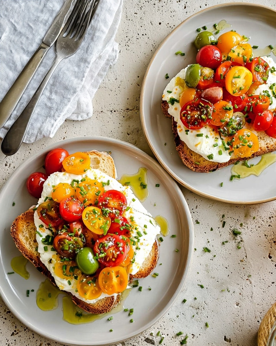 Two slices of toasted bread are served on white plates, each topped with a thick, creamy layer of white cheese. On top of the cheese, there are bright, colorful cherry tomato halves in red, yellow, and green shades scattered both on the toast and around the plate. The toast is drizzled with olive oil, and finely chopped green herbs are sprinkled over the dish. The plates rest on a white marbled surface next to two silver forks and a salt or pepper grinder nearby. Photo taken with an iphone --ar 4:5 --v 7