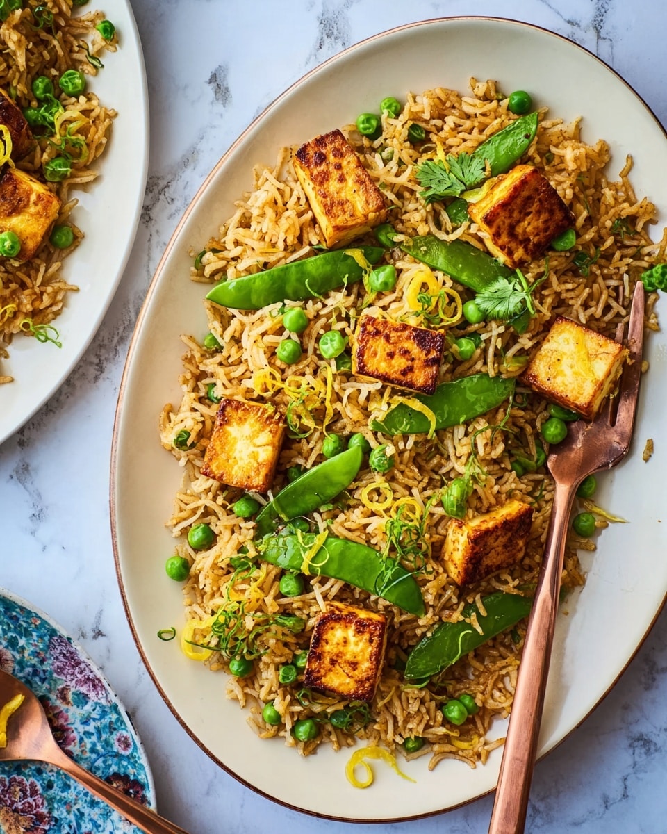 A white round plate filled with cooked yellow rice as the base layer, mixed with bright green peas and green snap peas scattered on top. Golden brown cubes of grilled paneer cheese are spread evenly over the rice. Thin yellow lemon zest strands and small green cilantro leaves are sprinkled across the dish. A copper fork and spoon rest on the right side of the plate, with the spoon holding one paneer cube. In the background, part of a white round plate with a similar dish is visible on a white marbled surface. photo taken with an iphone --ar 4:5 --v 7