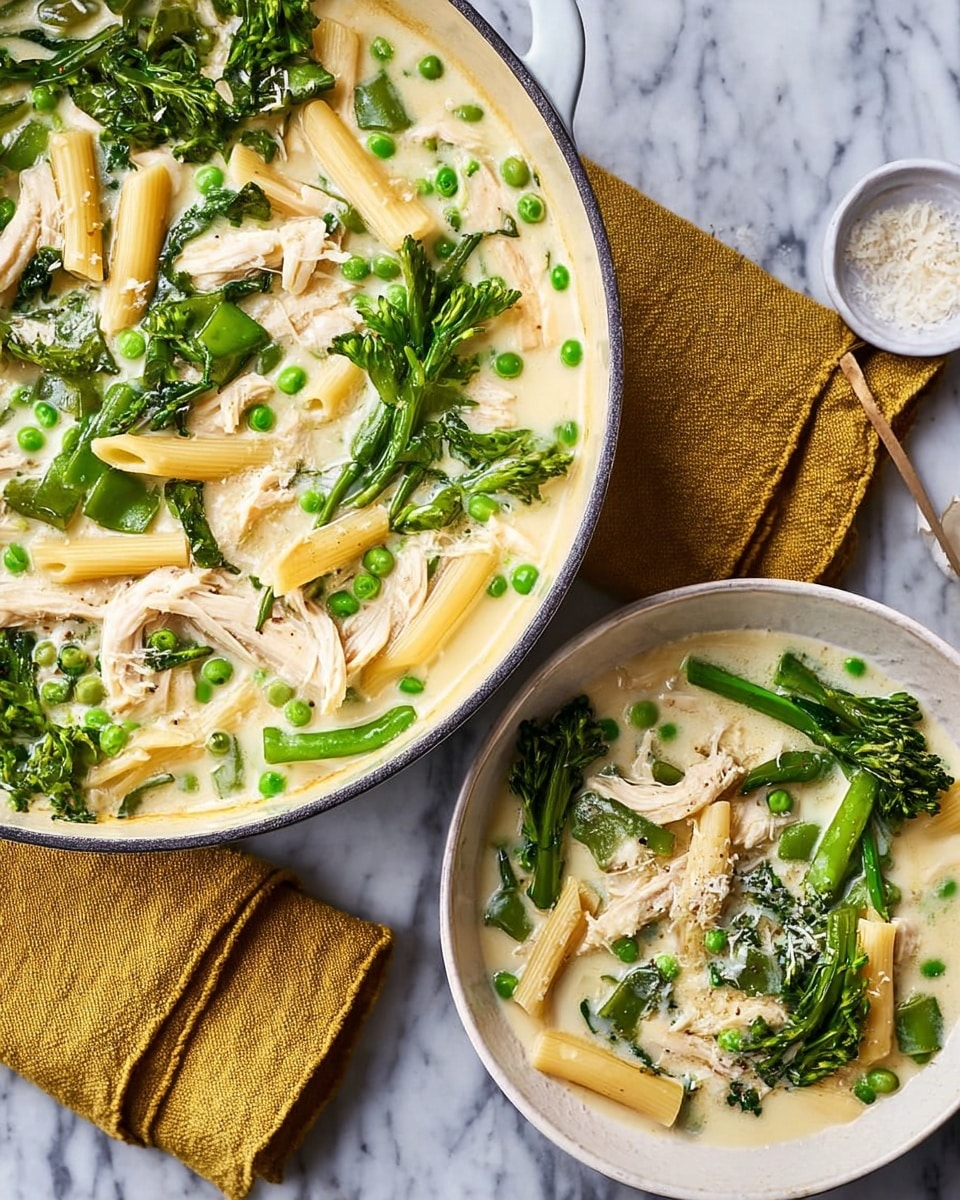 A white pan and a white bowl each hold a creamy soup filled with short macaroni noodles, green peas, leafy greens, and pieces of shredded chicken. The soup is thick and pale, with bright green vegetables adding contrast. A light yellow cloth is next to the pan, all placed on a white marbled surface. photo taken with an iphone --ar 4:5 --v 7