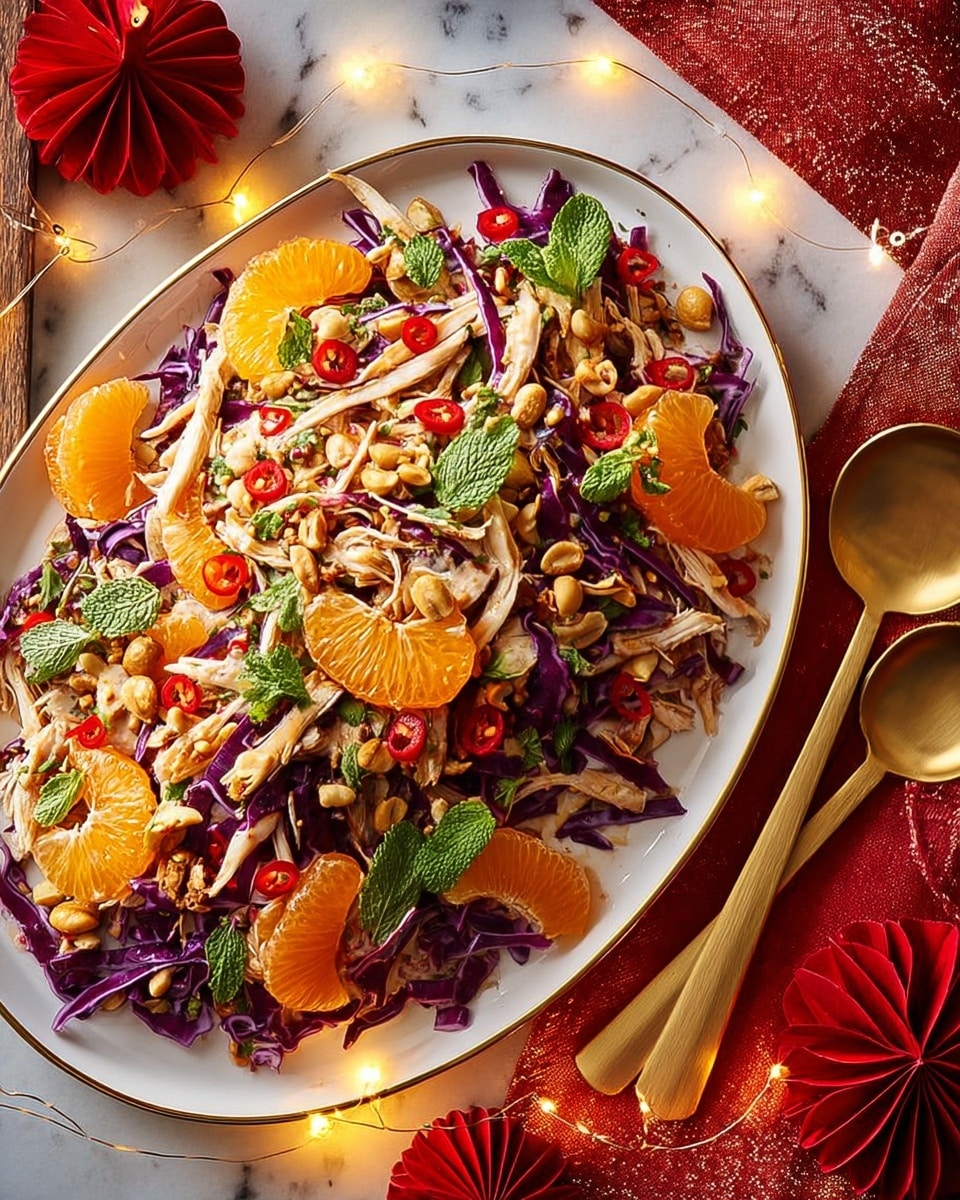 The dish is a colorful salad served on a large white oval plate with a thin gold rim. The base layer consists of thinly sliced purple cabbage, spread evenly across the plate. On top are bright orange mandarin slices arranged in a scattered pattern. Shredded cooked chicken pieces are layered throughout, mixed with red bell pepper strips and green edamame beans. The salad is garnished with whole peanuts, small fresh mint and cilantro leaves, adding texture and green accents. Two gold serving spoons rest inside the plate on the right side. The plate sits on a white marbled textured surface, next to a rich red cloth and red paper decorations. Warm, soft yellow lights glow softly in the background. Photo taken with an iphone --ar 4:5 --v 7