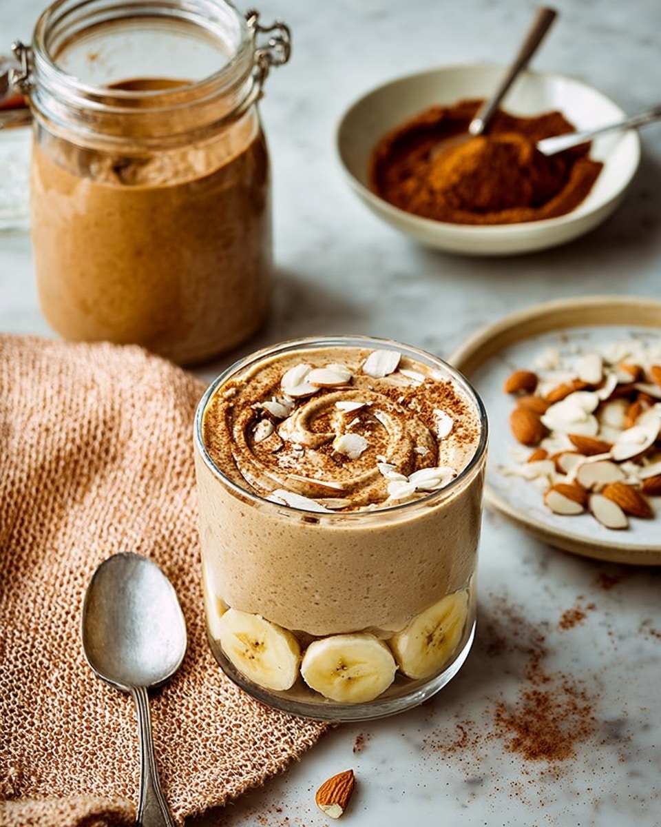 The image shows a glass filled with a light brown creamy mixture topped with three slices of banana, a dollop of dark brown spread, and chopped almonds sprinkled on top. Next to the glass is a silver spoon resting on a white marbled surface. Behind the glass, there is a clear jar with a metal clasp containing a thick, light brown substance and a spoon inside. To the right, there is a white bowl filled with dark brown powder and a spoon resting in it. Near that bowl, there is a white plate with chopped almonds and a small white bowl in the center holding more of the dark brown powder. The background is replaced by a white marbled texture. Photo taken with an iphone --ar 4:5 --v 7