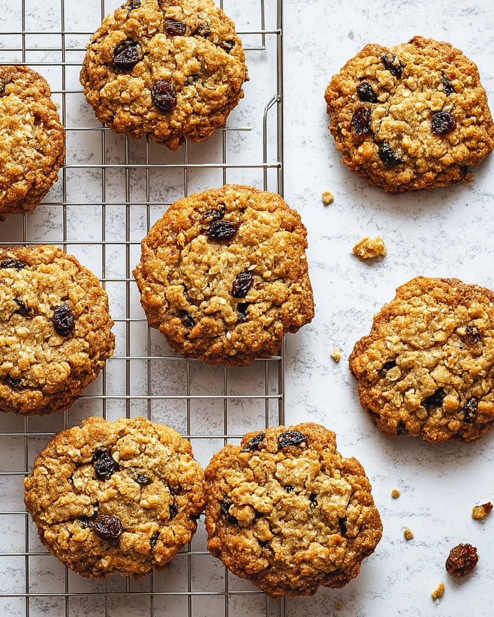 The image shows six oatmeal cookies with raisins, four placed on a black wire cooling rack and two on a white marbled surface beside the rack. The cookies are golden brown with a rough, textured surface dotted with dark raisins. The cookies have uneven edges and a slightly crispy look around the sides. Small crumbs are scattered near the cookies on the white marbled surface. The cooling rack's grid pattern is visible under the cookies, adding structure to the scene. photo taken with an iphone --ar 4:5 --v 7