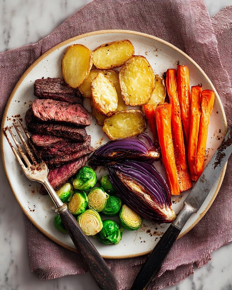 A white speckled plate holds a colorful meal arranged in five sections: six slices of medium rare steak with a dark seared crust and bright red inside are placed on the left side; next to it is a small pile of green Brussels sprouts, some whole and some halved; below the sprouts are roasted, slightly charred purple onion wedges with visible layers and a glossy texture; on the top right side are several golden brown roasted potato slices with a crisp surface; next to the potatoes on the lower right are vibrant orange roasted carrot sticks, sprinkled with herbs. A silver fork rests on the left edge of the plate, and a rustic knife with a black blade lies on the right, all set on a white marbled textured background with a soft purple cloth nearby. Photo taken with an iphone --ar 4:5 --v 7