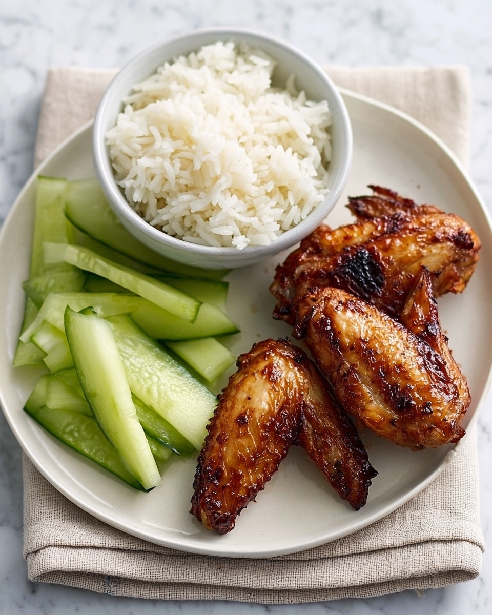 The image shows a white round plate with three main parts. On the top left is a white bowl filled with fluffy white rice that has a soft texture. To the right of the bowl are two grilled chicken wings with a shiny, dark brown, slightly charred skin that looks crispy. At the bottom left of the plate are some thick, green cucumber slices with a smooth, fresh look. The plate sits on a folded beige cloth napkin, all placed on a white marbled surface. Photo taken with an iphone --ar 4:5 --v 7