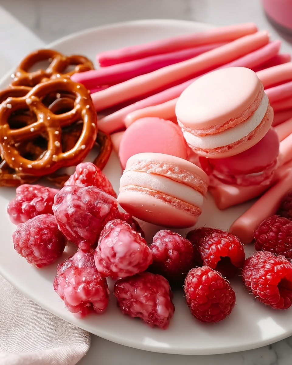 On a white square plate with a white marbled texture below, there is an arrangement of red and pink sweets. On the left side, there are several long pretzel sticks covered in red coating. Next to them are three pink macarons with white centers, stacked loosely. On the right side, there is a pile of fresh raspberries sitting on top of small, shiny, pink-coated pretzels. In the top right corner of the plate, there are small pink square candies scattered loosely. The colors range from deep red to soft pink with smooth and textured surfaces. photo taken with an iphone --ar 4:5 --v 7