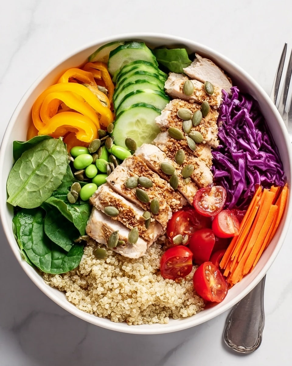 A white bowl filled with a base layer of light beige quinoa covering the bottom. On top, there are several sections: bright green spinach leaves and yellow bell pepper slices on the left, light green edamame beans and cucumber slices in the middle, red cherry tomatoes cut in halves near the top right, shredded deep purple cabbage to the right of the tomatoes, and thin orange carrot sticks on the far right. Over the quinoa and overlapping some vegetables are slices of seasoned, grilled chicken breast with a light brown crust, garnished with green pumpkin seeds scattered on top. The bowl sits on a white marbled surface with a shiny metal fork placed to the lower right. Photo taken with an iphone --ar 4:5 --v 7