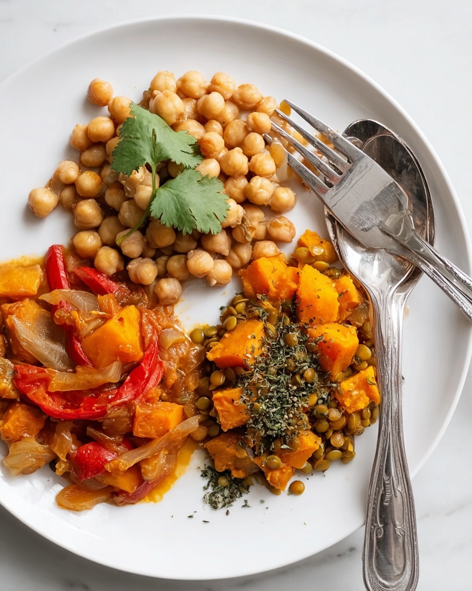 A white plate is divided into three sections of food. The top left section contains a chickpea stew with light beige chickpeas, small green cilantro leaves on top, and a mix of translucent cooked onions in an orange sauce. The bottom left section shows a chunky orange vegetable mix with pieces of red bell pepper strips and some chickpeas in a slightly thick orange sauce. The right section has cooked lentils mixed with bright orange sweet potato cubes, topped with dried green herbs. A shiny silver spoon and fork are placed side by side on the plate's right edge. The plate rests on a white marbled surface. Photo taken with an iphone --ar 4:5 --v 7