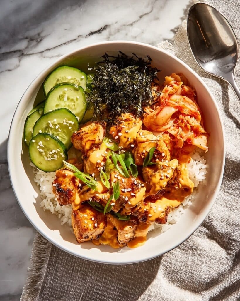 Crispy Salmon Rice Bowl with Spicy Mayo and Kimchi Recipe