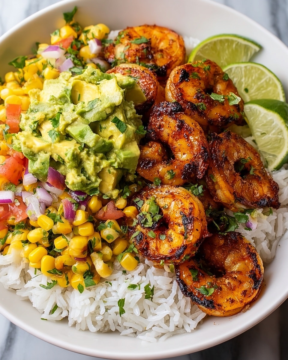 A white bowl holds three layers: the bottom layer is soft, fluffy white rice; on top of that lies a layer of grilled shrimp, each with a dark orange color and black grill marks, arranged in a circle; the top layer is a colorful mix of diced avocado, bright yellow corn kernels, finely chopped red onions, small red tomato pieces, and chopped green herbs, forming a chunky salsa in the center. On the side of the bowl, two lime wedges add a hint of bright green. The bowl is set against a white marbled surface. photo taken with an iphone --ar 4:5 --v 7