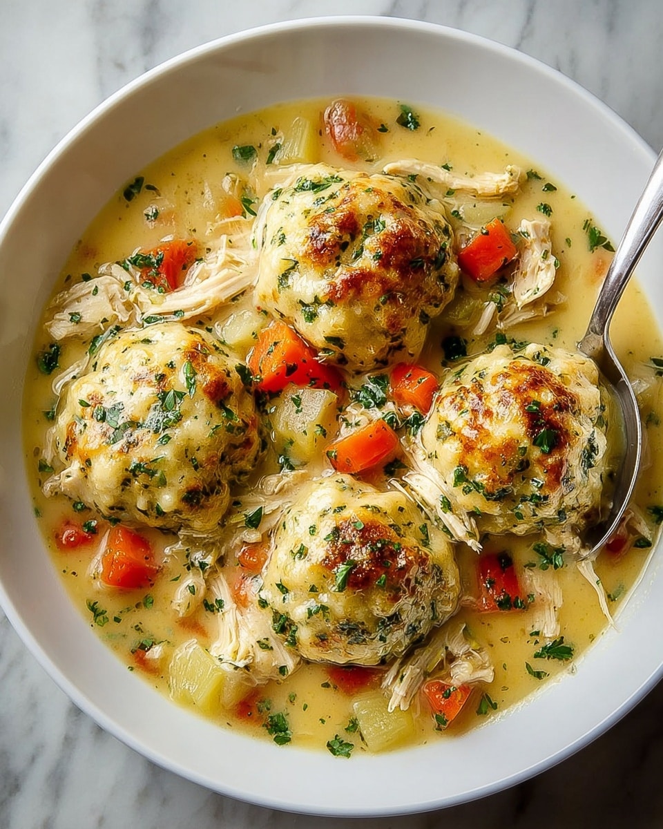 A white bowl holds a creamy soup with four golden brown, slightly crispy dumplings placed evenly on top, each sprinkled with herbs. The soup has a yellowish creamy base mixed with shredded white chicken pieces, bright orange carrot slices, and light green celery chunks. Small green herb flakes are spread across the whole dish, adding color and texture. A silver spoon rests on the right edge of the bowl, slightly submerged in the soup. The bowl sits on a white marbled surface. photo taken with an iphone --ar 4:5 --v 7