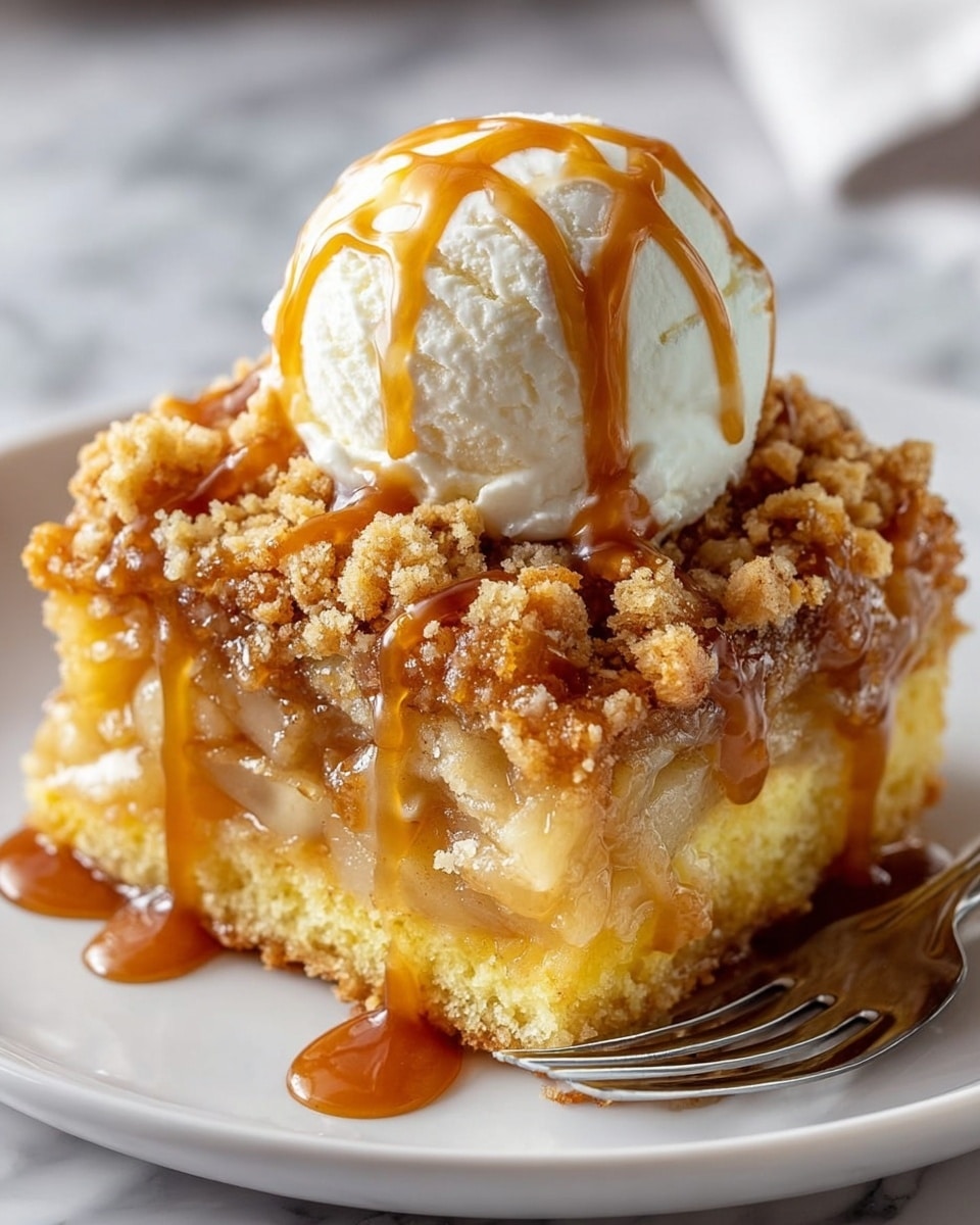 A close-up of a dessert with three visible layers sits on a white plate on a white marbled surface. The bottom layer is a light golden cake with a soft texture, topped by a thick yellowish fruit filling. Above that is a crumbly brown streusel layer with a slightly crunchy texture. On top, a white scoop of ice cream is placed, drizzled with shiny caramel sauce that also flows over the streusel and cake, pooling on the plate. A silver fork lies next to the dessert. Photo taken with an iphone --ar 4:5 --v 7