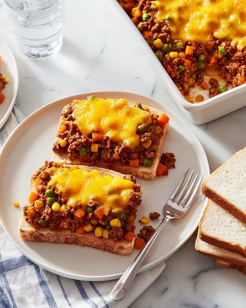 Two open-faced sandwiches sit on a white plate over a white marbled surface. Each sandwich has three visible layers: a base layer of soft, white toasted bread, a thick middle layer of dark brown ground meat mixed with bright green peas, yellow corn, and orange carrot pieces, and a top layer of melted golden-yellow cheese that looks smooth and slightly shiny. To the right of the plate is a metal fork, and nearby is a white dish filled with more of the meat and vegetable mixture topped with melted cheese. A stack of plain white bread slices rests on a white and blue-striped cloth nearby. Photo taken with an iphone --ar 4:5 --v 7