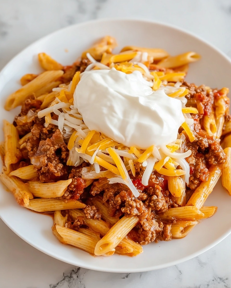 A white plate holds a dish with three distinct layers. The base layer is made of penne pasta coated in a red tomato sauce with visible pieces of cooked ground beef and onions mixed in. On top of this is a layer of melted shredded cheese, with a mix of white and yellow cheeses scattered unevenly. The dish is finished with a dollop of white sour cream placed in the center. The plate sits on a white marbled surface. photo taken with an iphone --ar 4:5 --v 7