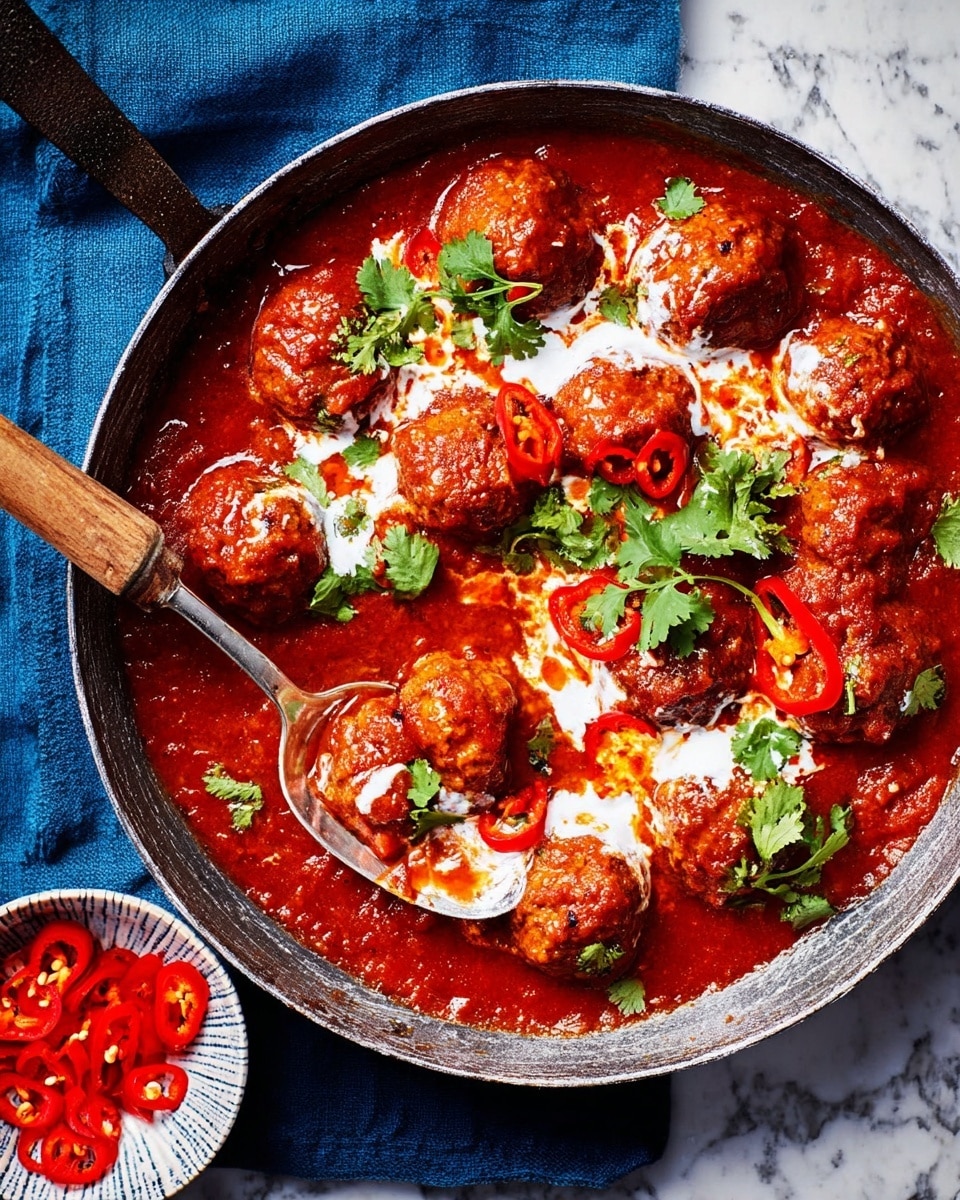 A round pan filled with a thick, dark red sauce layered with medium-sized meatballs evenly spread throughout. The sauce has a rich texture with visible chunks and is topped with thin slices of bright red chili and fresh green cilantro leaves scattered on top. White cream is drizzled over the meatballs and sauce unevenly. A metal spoon rests inside the pan, partially covered with sauce and lifting some meatballs. The pan sits on a dark blue cloth on a white marbled surface, next to a small bowl with sliced red chili. Photo taken with an iphone --ar 4:5 --v 7