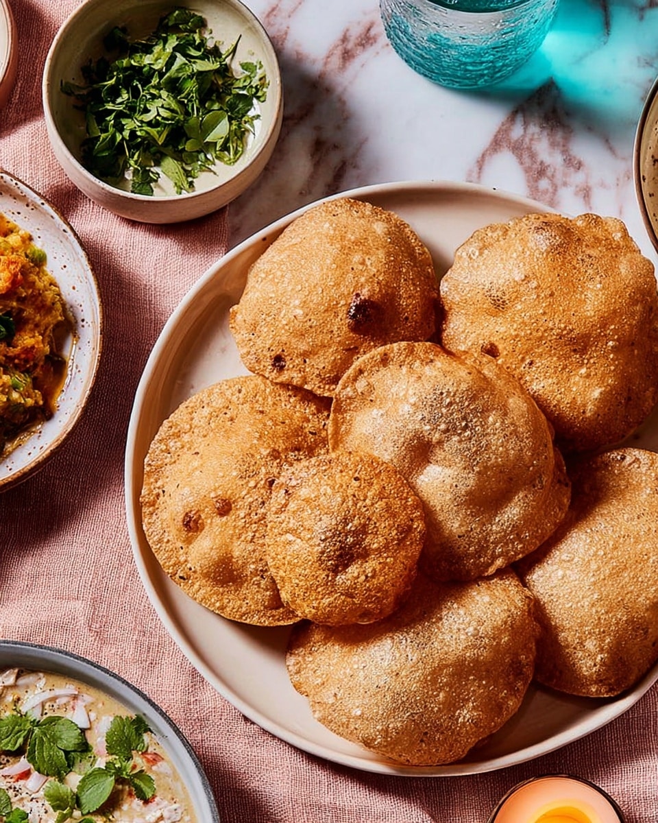 The image shows several round, puffed-up, golden-brown puris arranged closely together on a large white plate. The puris have a slightly rough texture with some darker brown spots indicating they are fried. Around the plate, there are small dishes visible, one with fresh green herbs, another with a clear blue drink, and a partial view of a bowl containing a creamy dish topped with herbs. The setting rests on a soft pink cloth on top of a white marbled surface. A small lit candle is also placed nearby, adding warmth to the scene. Photo taken with an iphone --ar 4:5 --v 7
