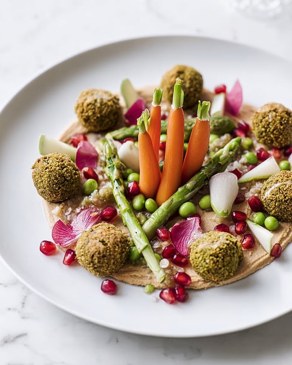 The dish is served on a white plate placed on a white marbled surface. It has several layers: the bottom layer is a smooth brown paste spread in small areas around the plate. On top of this are bright green asparagus stalks laid diagonally. Scattered around are small green falafel-like balls with a grainy texture. There are also small orange baby carrots, some whole and some with tops attached, arranged in the center. Thin slices of white onions and pale pink radish slices with a smooth texture are evenly placed between the other ingredients. Small bright green peas and red pomegranate seeds are sprinkled throughout, adding pops of color. Photo taken with an iphone --ar 4:5 --v 7
