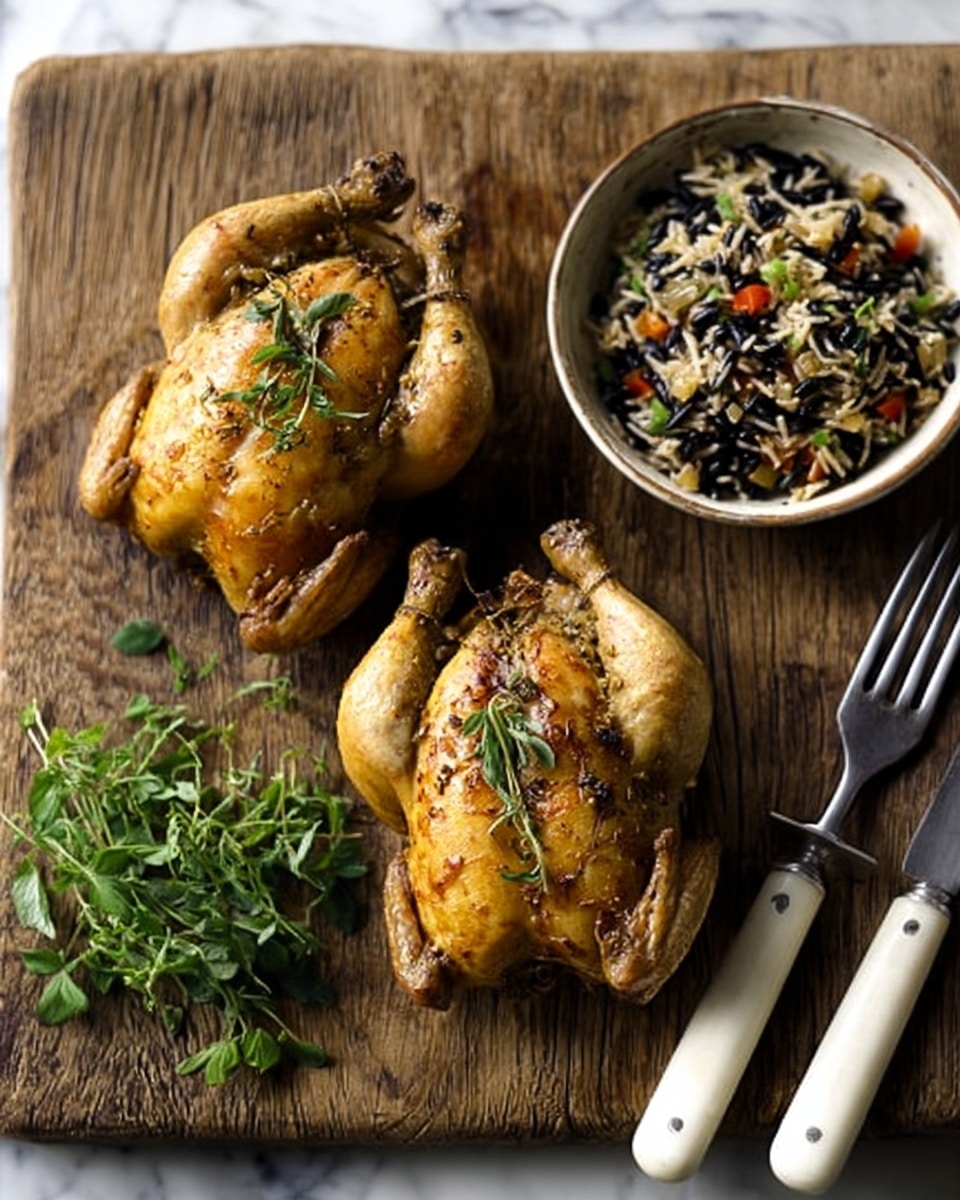 A wooden board holds two whole roasted chickens, each golden brown with crisp, seasoned skin and garnished with green herbs. To the right, a white bowl is filled with a mixed rice dish that includes wild rice, sliced mushrooms, red bell peppers, and sprinkled herbs on top. Next to the bowl, there is a set of black-handled knife and fork with white handles resting on a white marbled surface. Some fresh green herbs lay beside the board, adding freshness to the scene. photo taken with an iphone --ar 4:5 --v 7