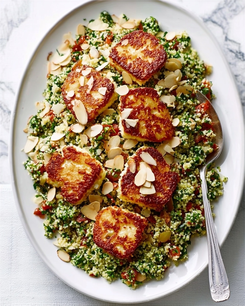 The dish is served on a white oval plate on a white marbled surface. It has a base layer of green and white couscous mixed with small pieces of red tomatoes and herbs, giving it a fresh, grainy texture. On top, there are five pieces of golden brown grilled cheese, placed evenly with a slightly crispy outer look. Thin slices of light beige almonds are scattered over the whole dish, adding a crunchy texture. A silver spoon rests on the right side of the plate, partially within the couscous layer. photo taken with an iphone --ar 4:5 --v 7
