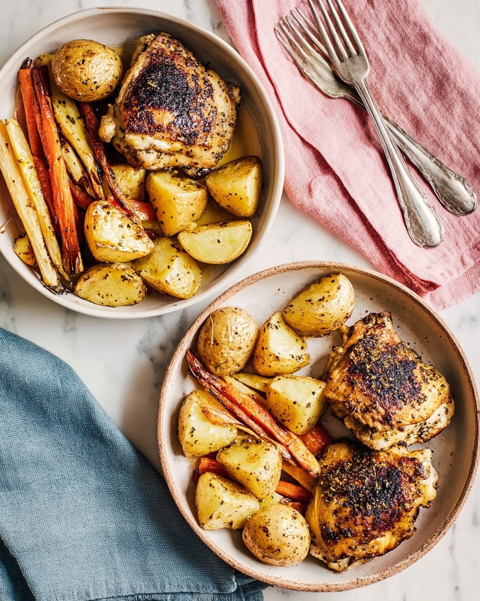 The image shows two white bowls on a white marbled surface, each filled with two pieces of grilled, golden-brown chicken thighs with a crispy skin. In the first bowl, positioned on the top right, the chicken sits beside yellow roasted potato wedges and pale yellow parsnip sticks. The second bowl, placed on the bottom left, contains the chicken with round roasted potato slices, orange carrot sticks, and red onion pieces. A silver fork rests between the bowls on the left side atop a blue cloth, while a set of silver fork and knife lay on the right side on a pink cloth. The lighting highlights the textures of the grilled chicken and roasted vegetables, emphasizing the golden and slightly charred colors. photo taken with an iphone --ar 4:5 --v 7