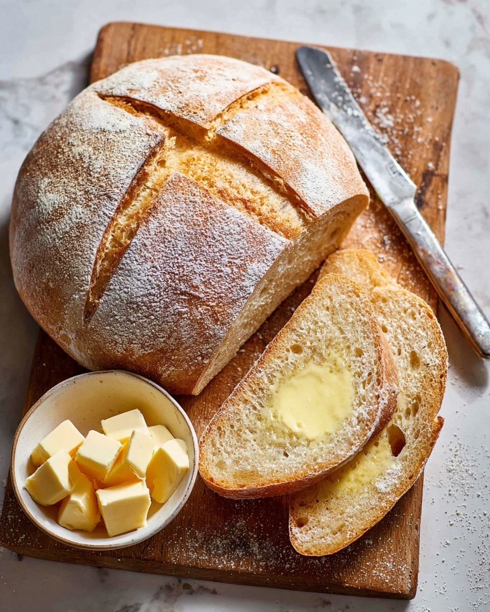 A round loaf of bread with a light dusting of flour sits on a wooden cutting board with a cross cut on top. Next to it are three slices of toasted bread, golden brown with one slice spread lightly with melting butter. A small white bowl filled with cubes of yellow butter sits at the top right, and a metal butter knife rests on the board next to the toast. The scene is set on a white marbled surface. photo taken with an iphone --ar 4:5 --v 7