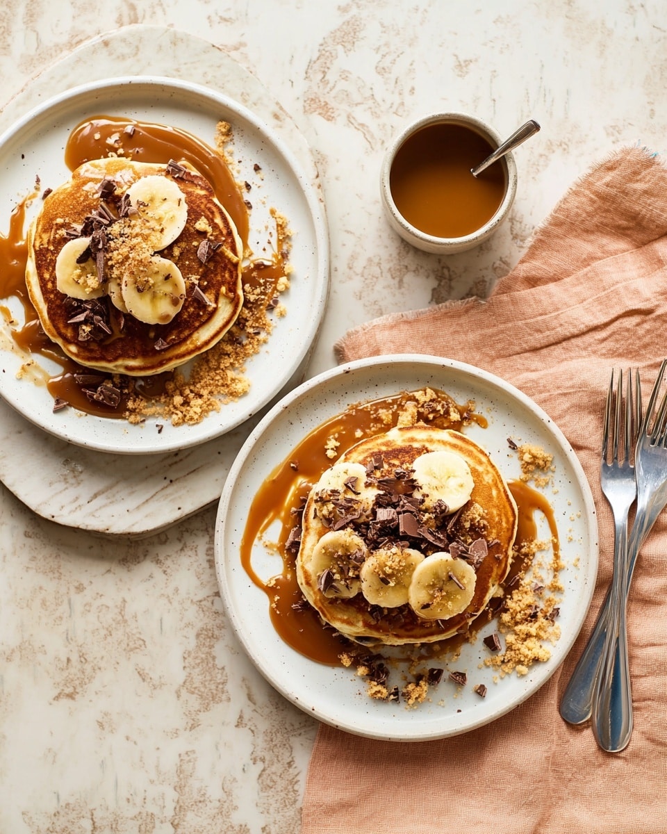 Two white plates each hold a stack of three golden-brown pancakes with a slightly crispy edge. On top of the pancakes are several slices of light yellow banana arranged unevenly. A caramel-colored syrup is drizzled over the stack and plate, pooling slightly underneath. Crumbled light beige cookie pieces and small dark chocolate shavings are scattered on the pancakes and around the plates. To the top left of the left plate, there is a small white bowl filled with the same caramel syrup. On the right side, the plate rests on a beige fabric with frayed edges, and two silver forks lie nearby. The whole setup is on a white marbled surface. photo taken with an iphone --ar 4:5 --v 7