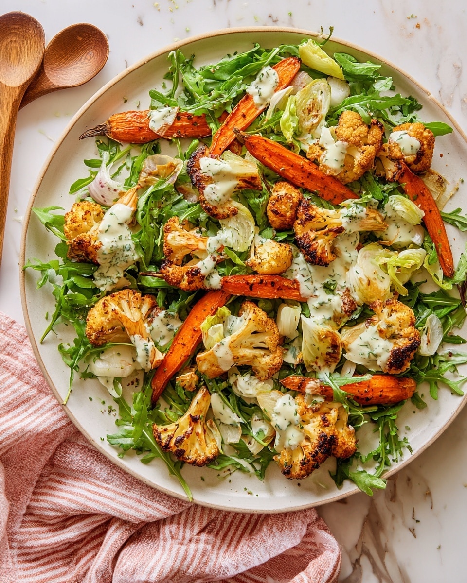 The dish shows a white plate full of roasted vegetables arranged in layers. The bottom layer is fresh green arugula leaves spread evenly across the plate. On top, there are several pieces of roasted carrot, cut into sticks with a bright orange and slightly charred surface. Scattered among the carrots are small roasted cauliflower florets with golden-brown edges. Light green, grilled wedge-shaped lettuce pieces are also distributed across the plate. The entire dish is drizzled with a creamy white dressing that has small green herb specks, adding texture and contrast. The scene is set on a white marbled surface with a soft pink striped cloth partially visible near the plate. Photo taken with an iphone --ar 4:5 --v 7