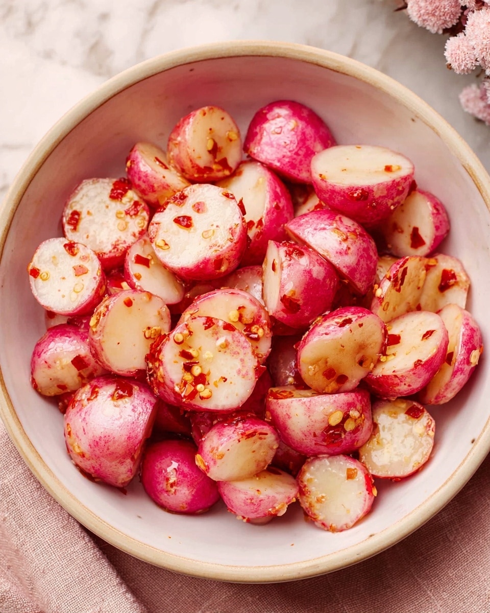 A bowl filled with several red-skinned radishes cut in halves, each showing a light beige interior with a slightly translucent texture. The radishes are coated in a glossy, reddish-orange sauce with visible small chili flakes scattered on top, adding a speckled look to the smooth surfaces. The bowl is white with a subtle speckled pattern around the rim, sitting on a soft pink cloth over a white marbled surface. photo taken with an iphone --ar 4:5 --v 7