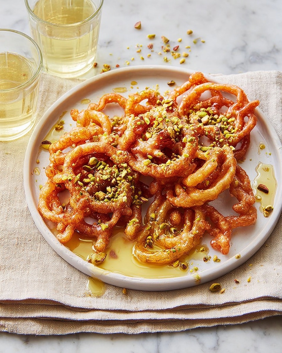 The image shows a white round plate holding several deep-fried, golden-brown jalebis with a crispy texture, arranged loosely and overlapping each other. The jalebis are covered with a glossy layer of honey or sugar syrup that pools slightly on the plate, creating a shiny effect. On top of the jalebis, there are small pieces of chopped nuts, likely pistachios, adding green and beige spots across the sweet rings. The plate is placed on a white cloth napkin, set on a white marbled surface. In the background, there are two clear glasses with a light yellow drink, adding subtle context to the scene. photo taken with an iphone --ar 4:5 --v 7