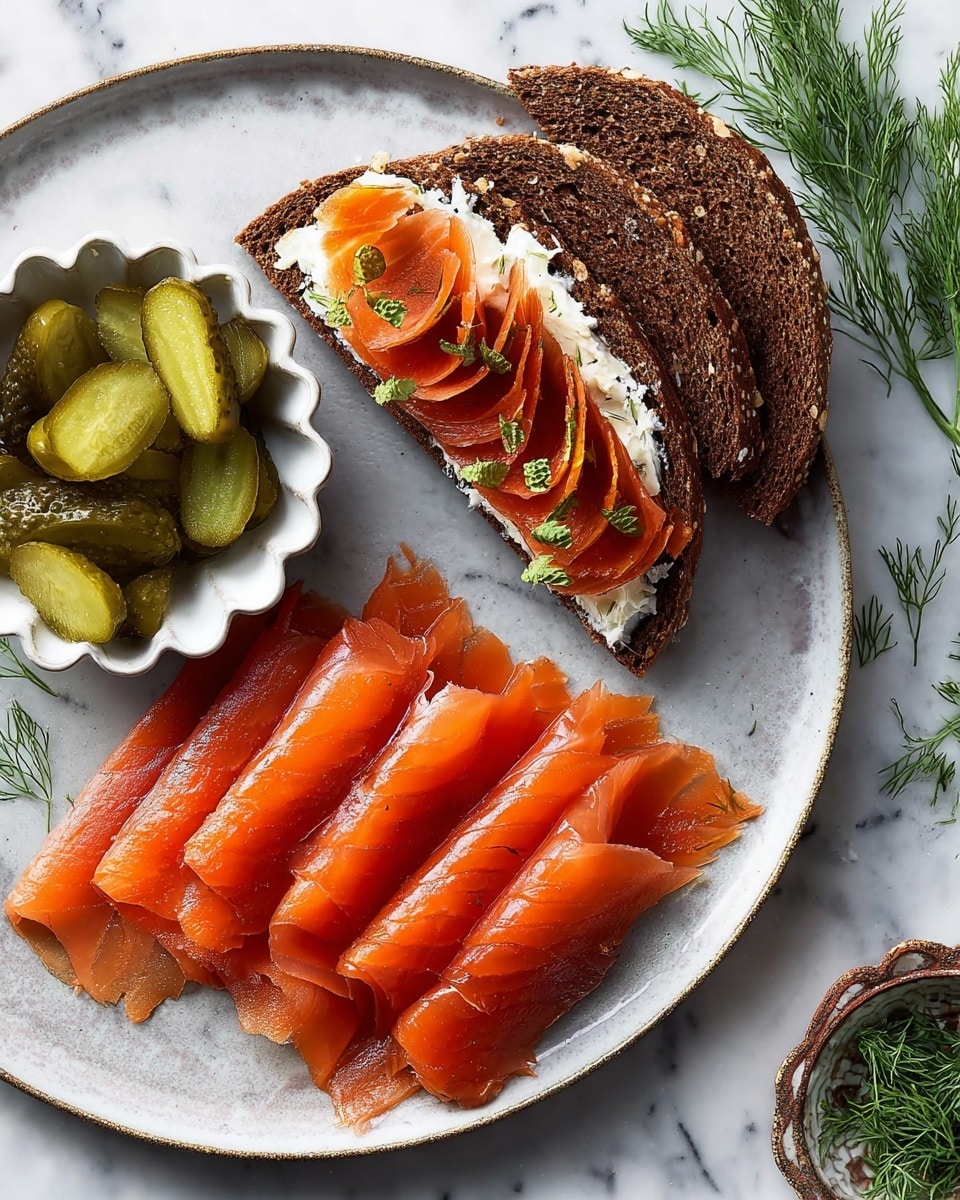 A white plate with multiple layers of thin, orange smoked salmon slices arranged in two groups on the upper right side, with visible texture and dark edges. On the left side, there are two whole slices of brown rye bread, and next to them, an open sandwich topped with a thick layer of creamy white spread, several slices of smoked salmon, and a few round, light green pickles with fresh dill sprinkled on top. A small white scalloped bowl near the center of the plate contains more green pickles garnished with fresh dill. The plate sits on a white marbled surface, with some loose dill scattered about. Photo taken with an iphone --ar 4:5 --v 7