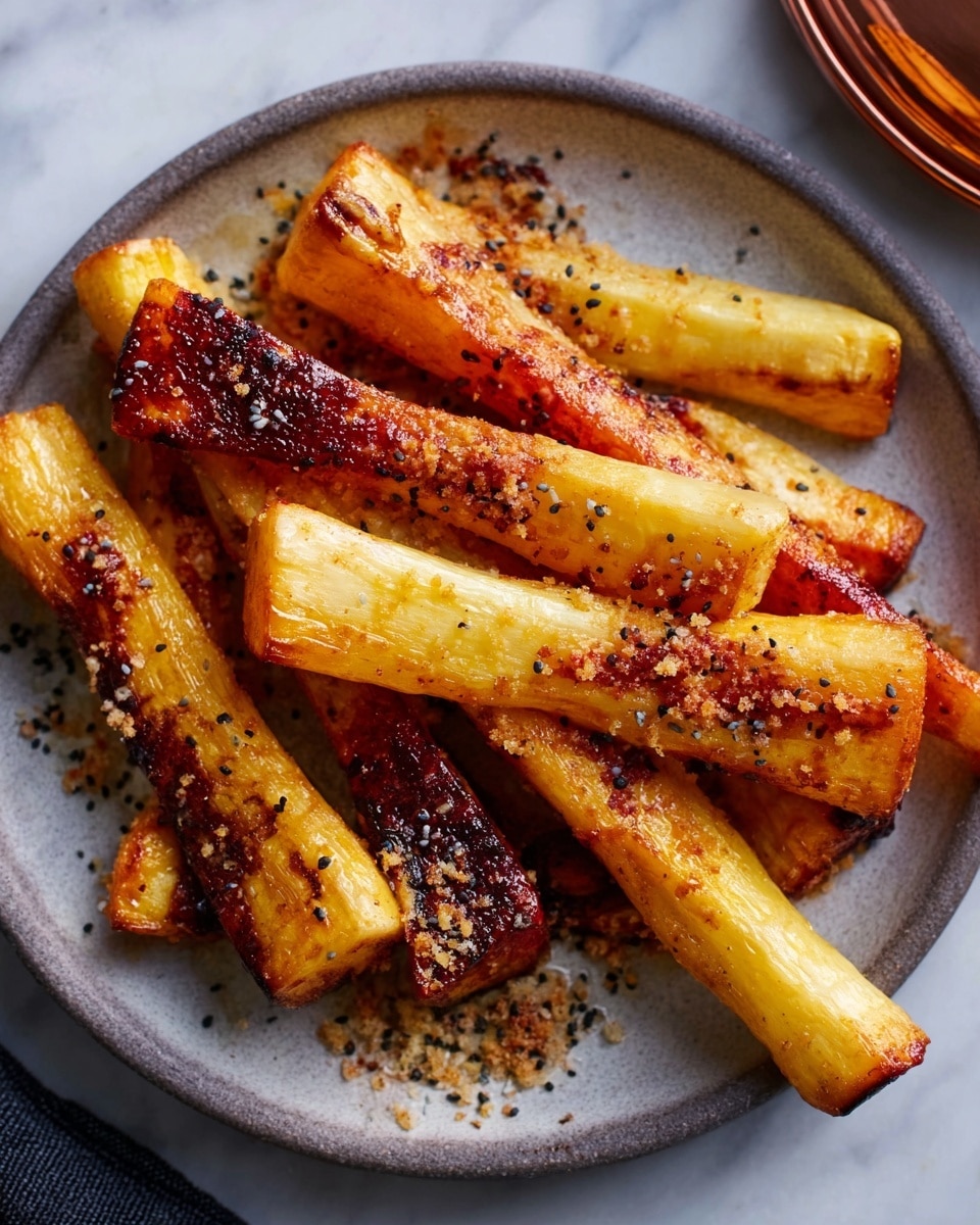 A close-up view of golden roasted parsnips with a slightly crispy texture, sprinkled with coarse salt and small black seeds, arranged in a scattered, natural pile on a round white plate. The parsnips show light charred spots and some reddish-brown caramelized bits on their surface, with their tapered ends pointing in different directions. Part of a copper lid is visible at the top right corner, slightly covering some of the parsnips, all set on a white marbled surface. Photo taken with an iphone --ar 4:5 --v 7
