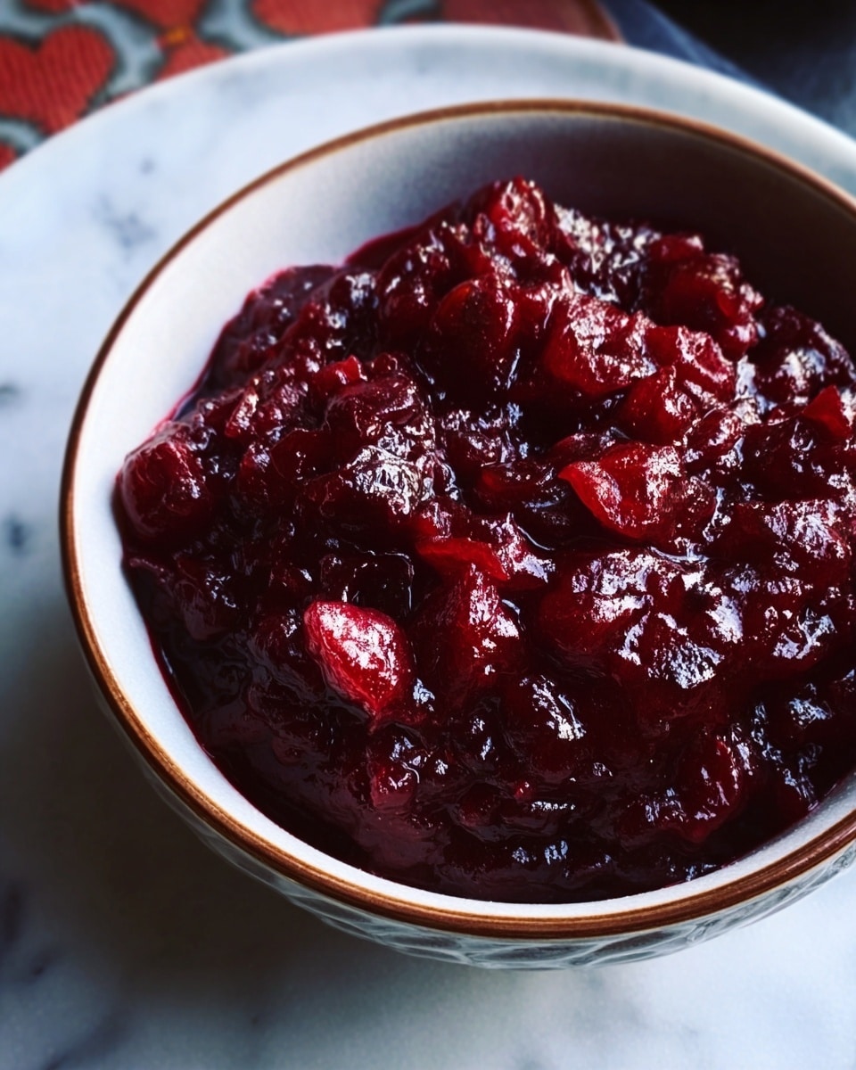 A white bowl with a dark brown rim is filled with a deep red sauce that has a thick and glossy texture, showing visible whole and crushed cranberries mixed throughout. The sauce looks rich and chunky, almost spilling to the edges of the bowl. The bowl is placed on a white marbled surface with hints of light and shadow enhancing the shiny surface of the sauce. photo taken with an iphone --ar 4:5 --v 7