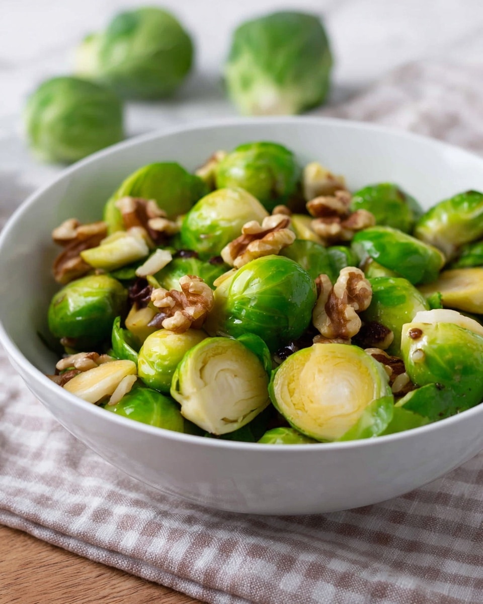 A close-up view of a white bowl filled with halved bright green Brussels sprouts, mixed with small pieces of light brown and dark brown nuts, creating a colorful contrast. The Brussels sprouts have a smooth, shiny texture and are cut to show their layered interior. The bowl rests on a light-colored cloth on a surface with a white marbled texture. A few whole Brussels sprouts are blurred in the background, adding depth to the image. photo taken with an iphone --ar 4:5 --v 7